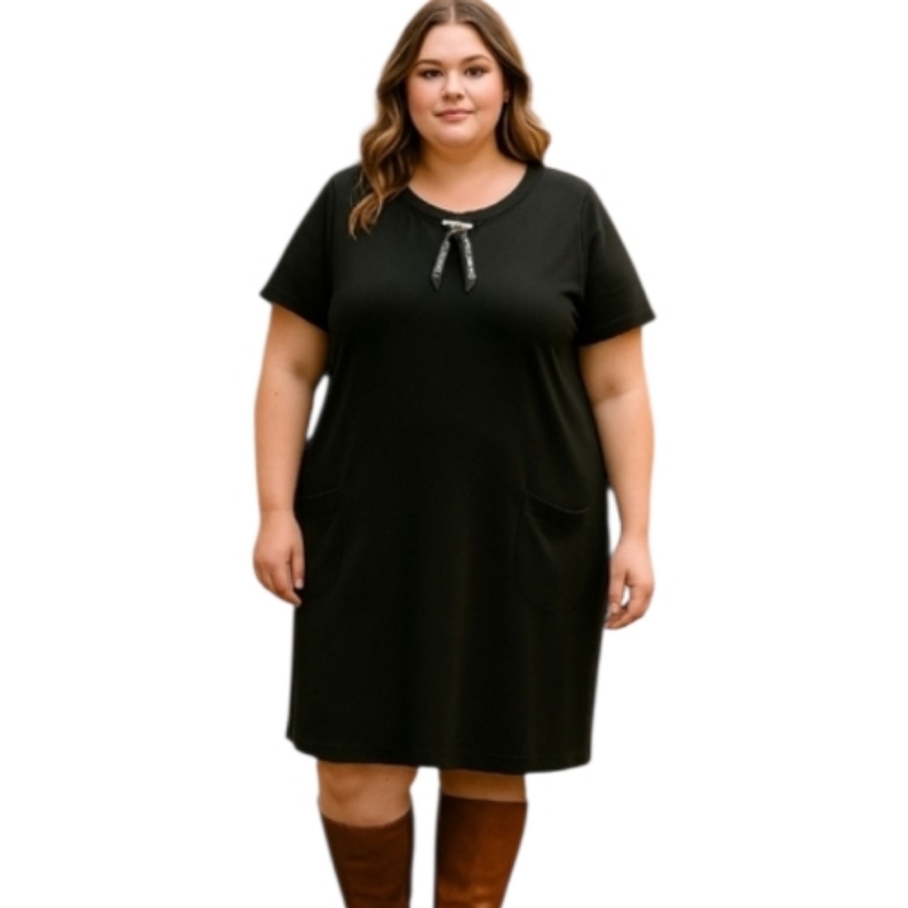 Calvin Klein Black Midi Short Sleeve Slip Dress Tunic Tie Collar
